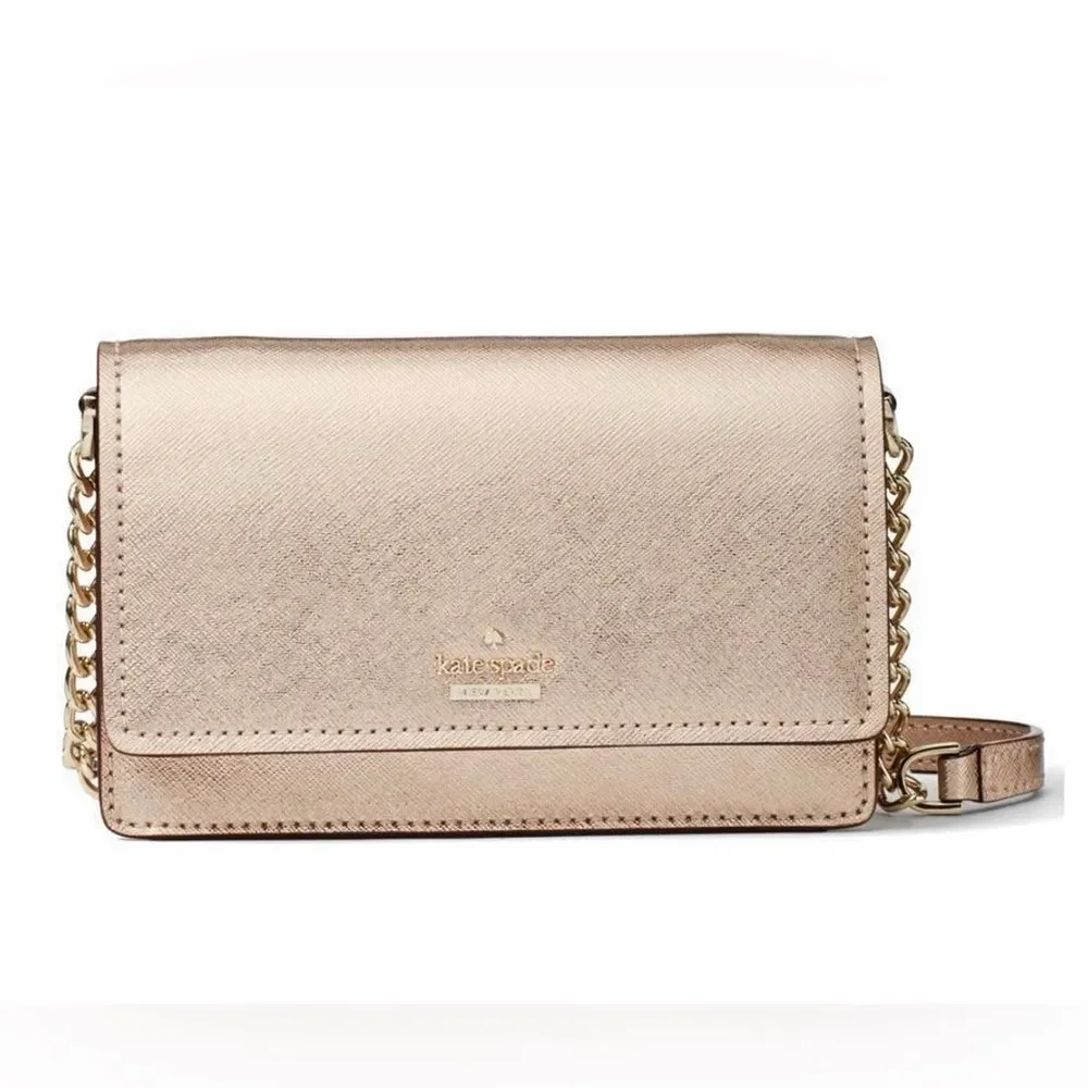 Kate Spade Rose Gold Metallic Leather Flap Crossbody Bag Chain Purse